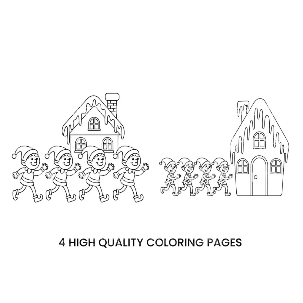 Christmas Elves and Snowy House Coloring Books