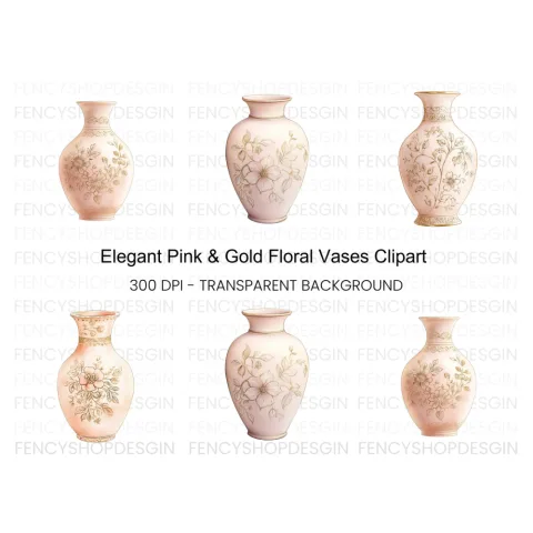 Elegant Pink Vases with Gold Floral Clipart Bundle