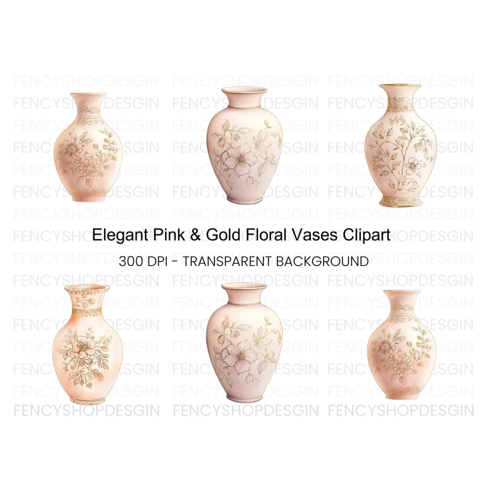 Elegant Pink Vases with Gold Floral Clipart Bundle