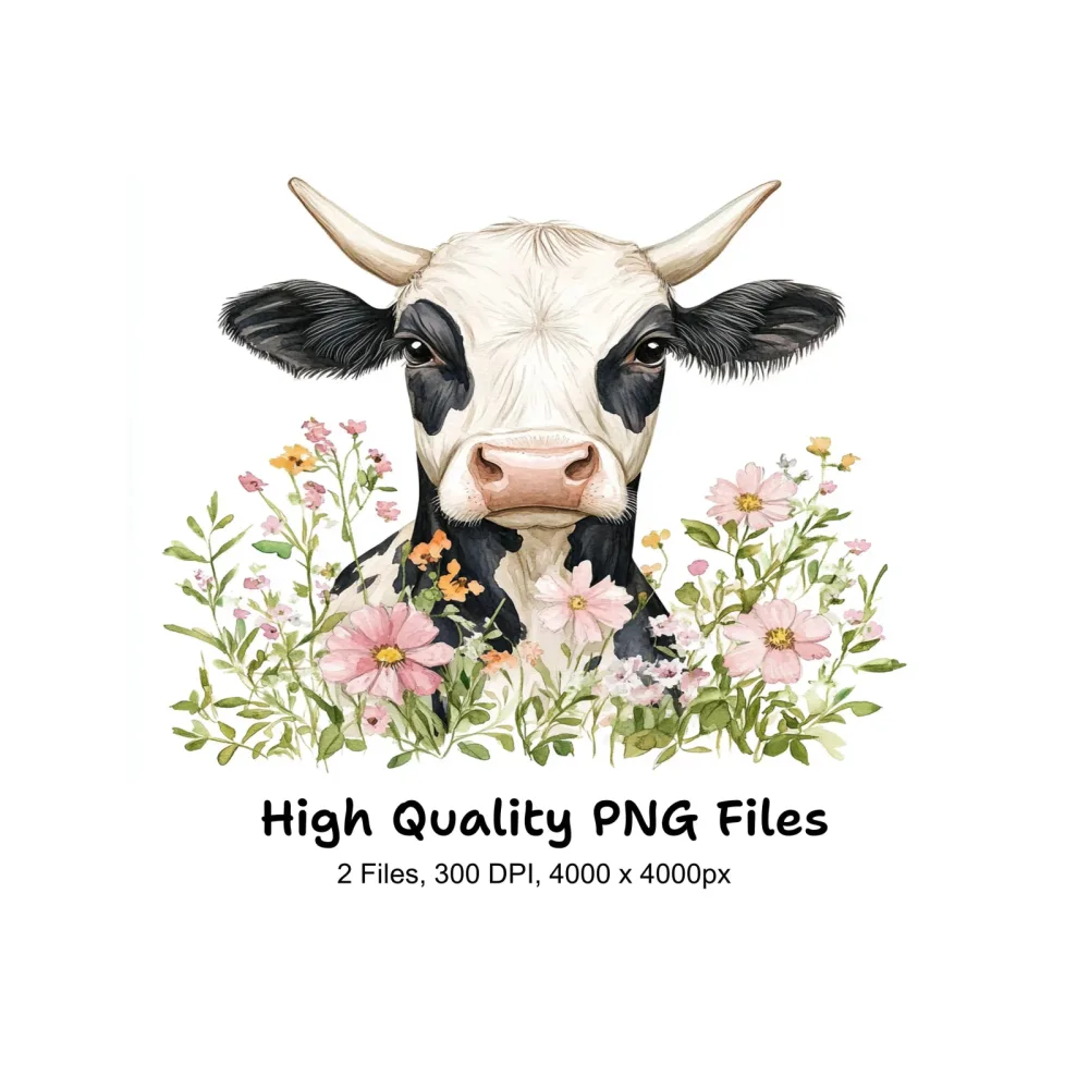 Cute Cow Heads with Flowers Clipart Bundle