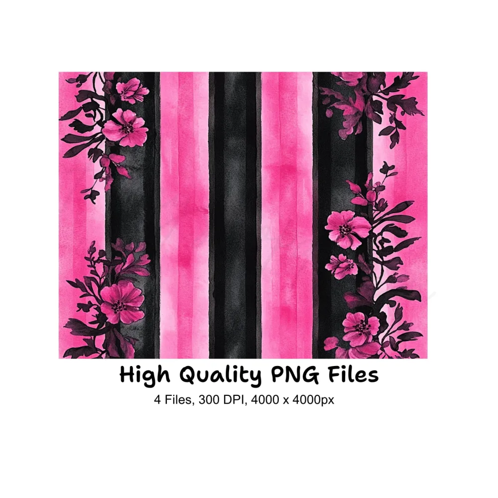 Vibrant Pink Black Floral Stripes Clipart Bundle