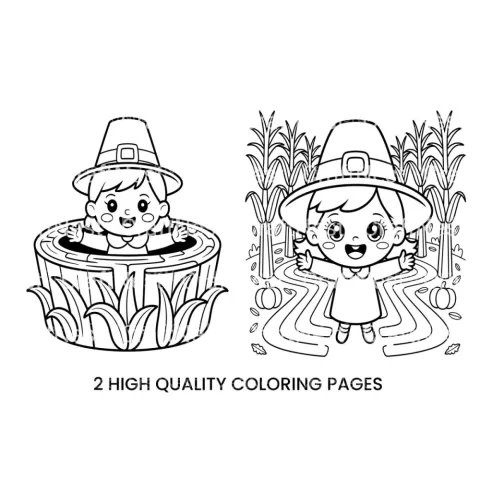 Cute Pilgrim Girl in Corn Maze Coloring Books