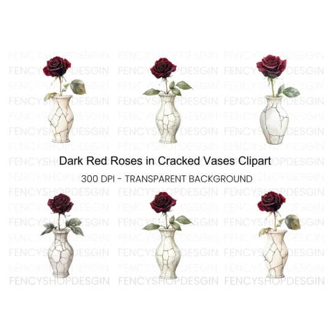 Dark Red Roses in Cracked Vases Clipart Bundle