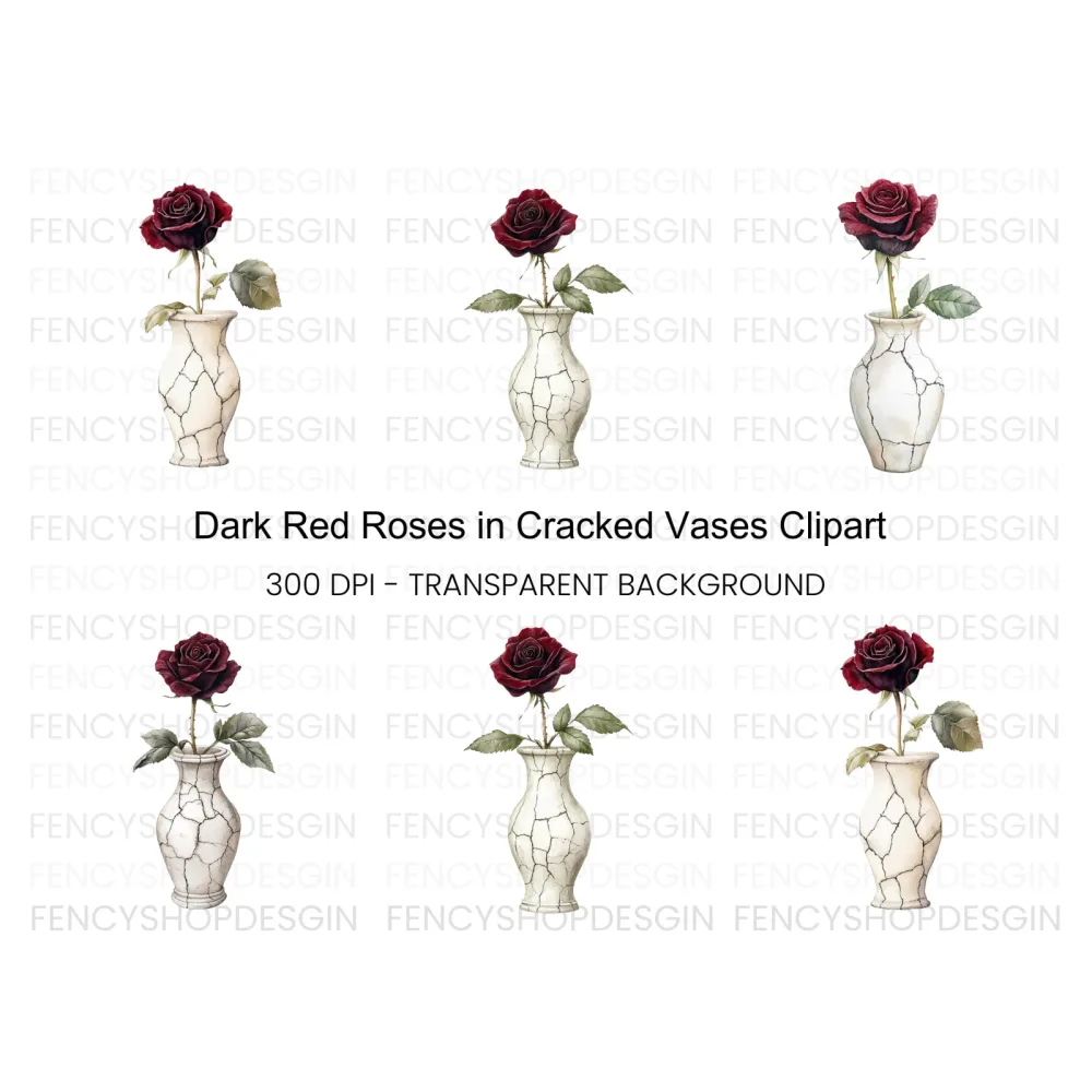 Dark Red Roses in Cracked Vases Clipart Bundle