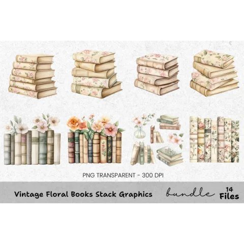 Vintage Floral Books Stack Clipart Bundle