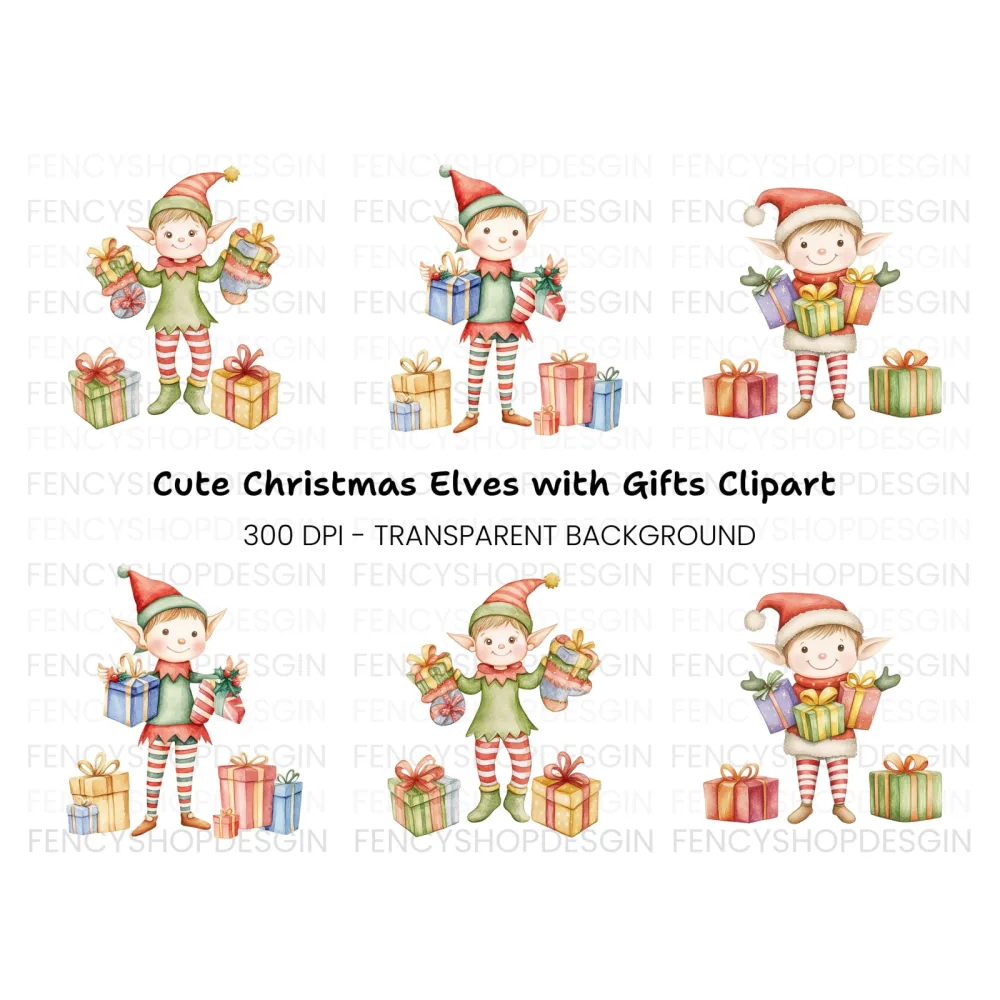 Festive Elves with Presents Clipart Bundle