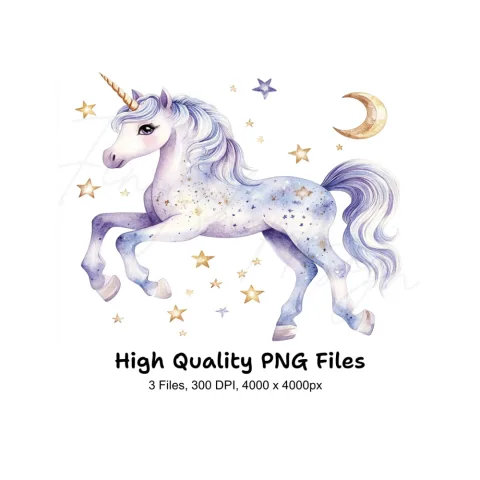 Celestial Unicorns with Stars and Moons Clipart Bundle