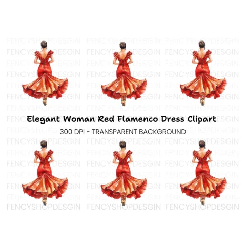 Elegant Woman in Red Gown Back View Clipart Bundle