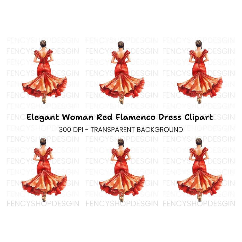 Elegant Woman in Red Gown Back View Clipart Bundle