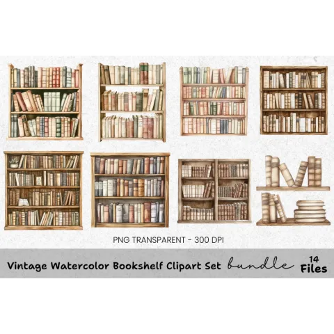 Vintage Bookshelf Clipart Bundle