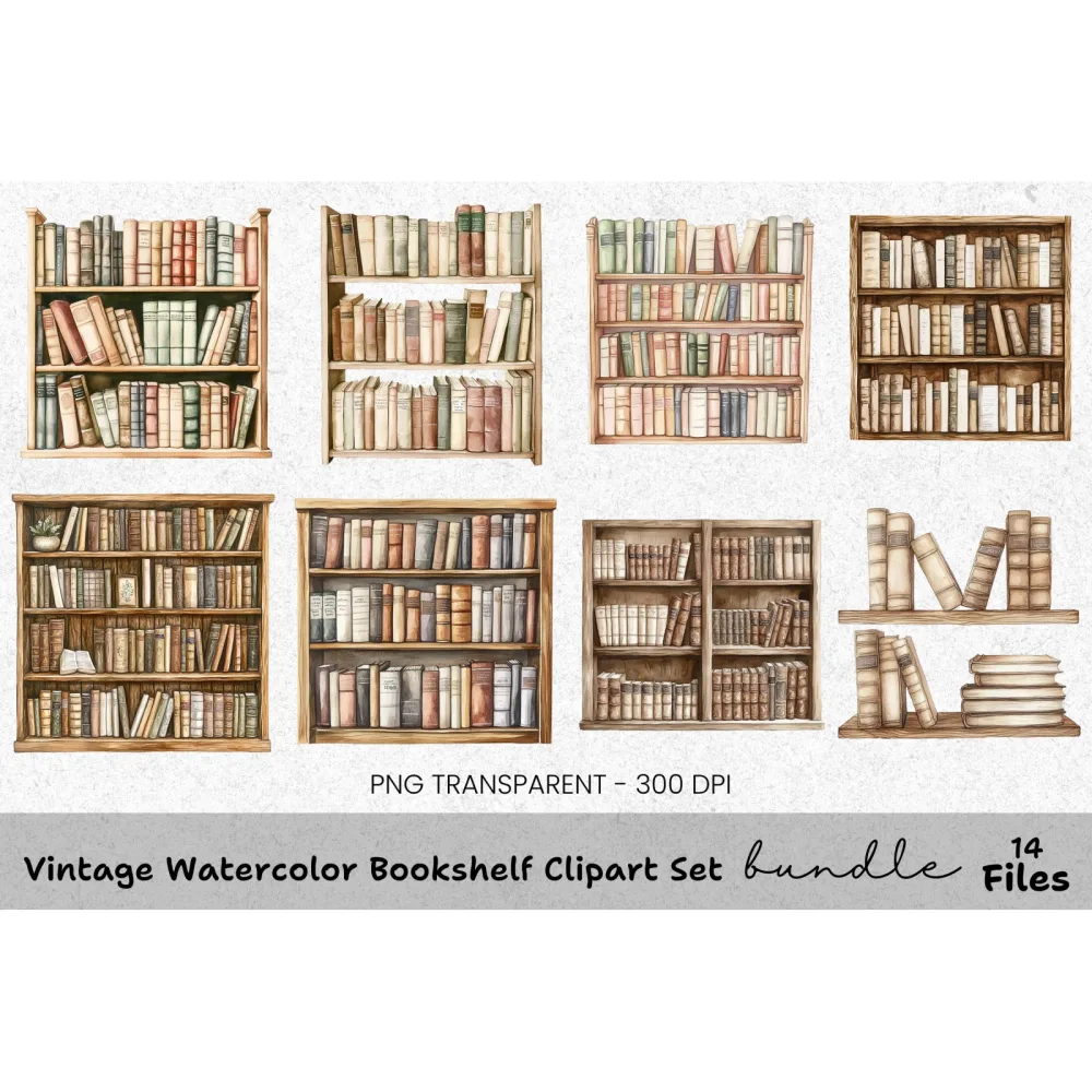 Vintage Bookshelf Clipart Bundle