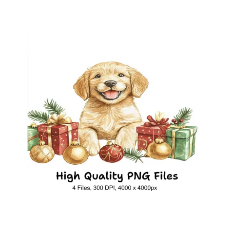 Happy Christmas Puppies with Presents Clipart Bundle