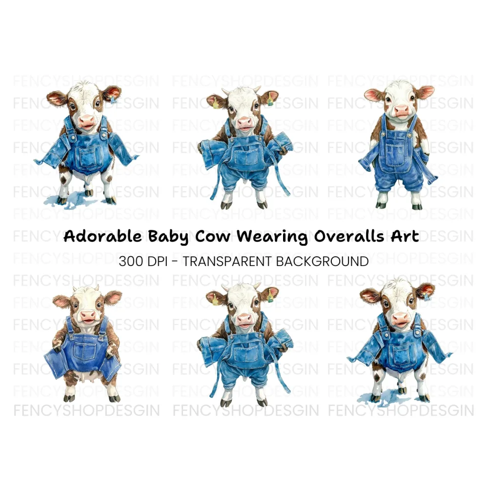 Cute Calves in Overalls Clipart Bundle