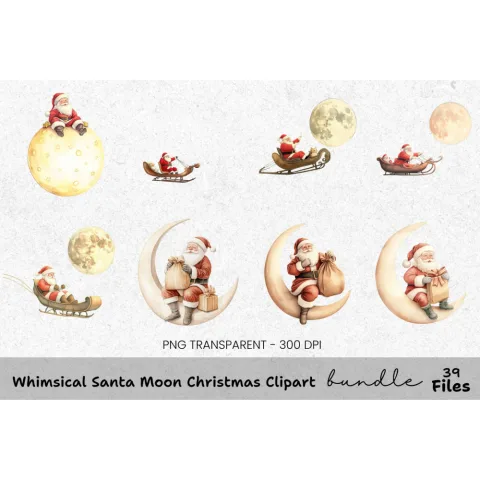 Sleeping Santa Moon Sleigh Clipart Bundle