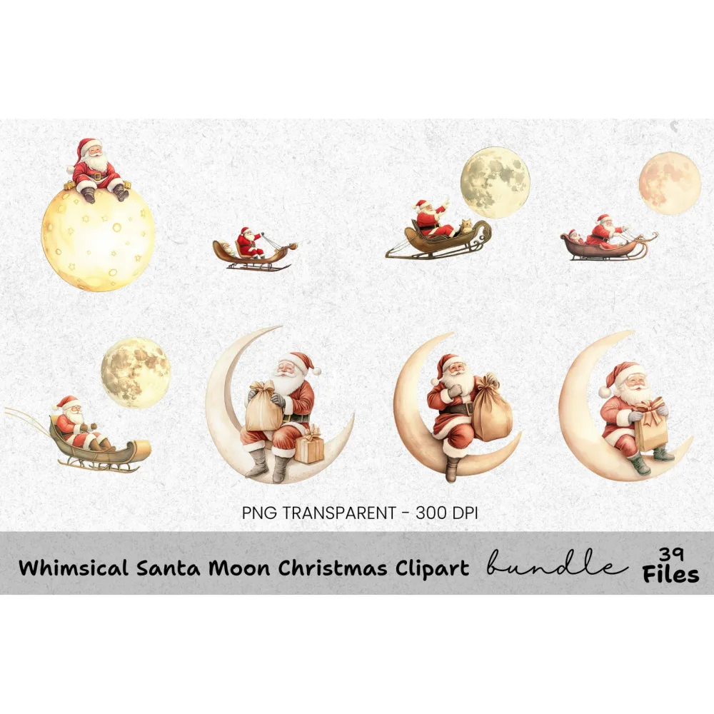 Sleeping Santa Moon Sleigh Clipart Bundle