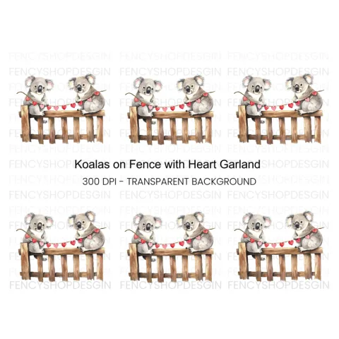 Koalas on Fence with Heart Garland Clipart Bundle