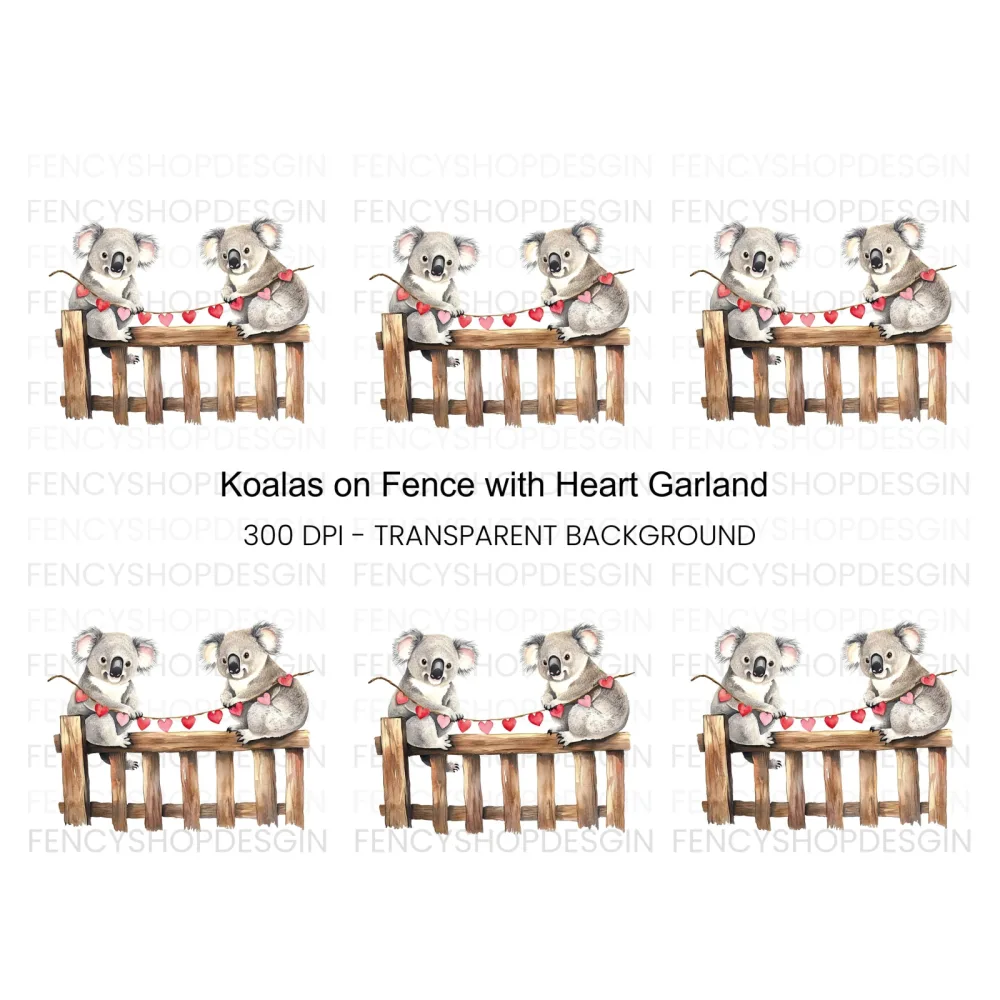 Koalas on Fence with Heart Garland Clipart Bundle
