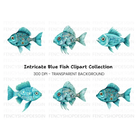 Blue Tribal Pattern Fish Clipart Bundle