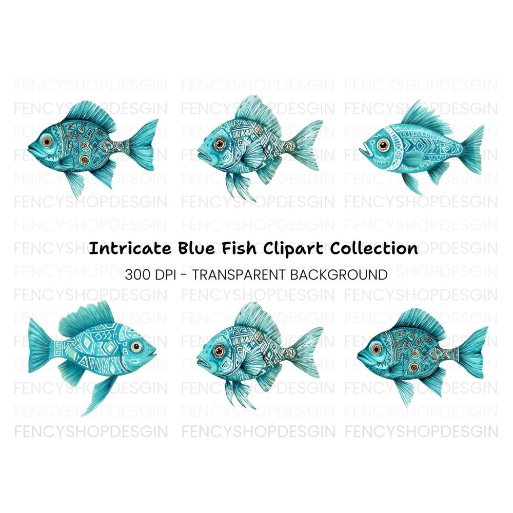 Blue Tribal Pattern Fish Clipart Bundle
