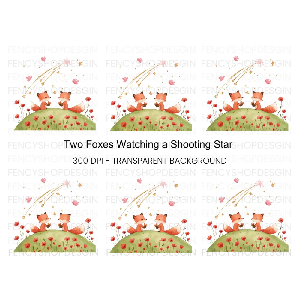 Cute Foxes Under Shooting Star Clipart Bundle