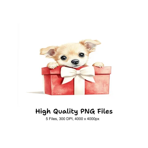 Cute Chihuahua Puppy in Red Gift Box Clipart Bundle
