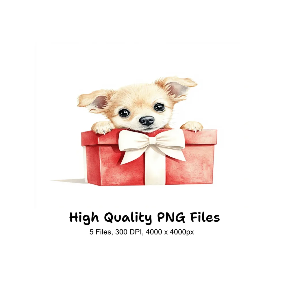 Cute Chihuahua Puppy in Red Gift Box Clipart Bundle