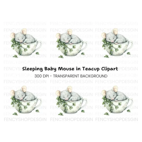 Sleeping Mouse in Teacup Clipart Bundle