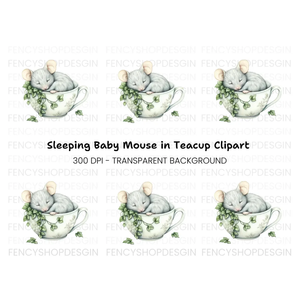 Sleeping Mouse in Teacup Clipart Bundle
