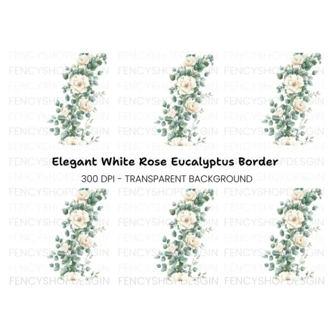 Elegant White Roses Eucalyptus Border Clipart Bundle