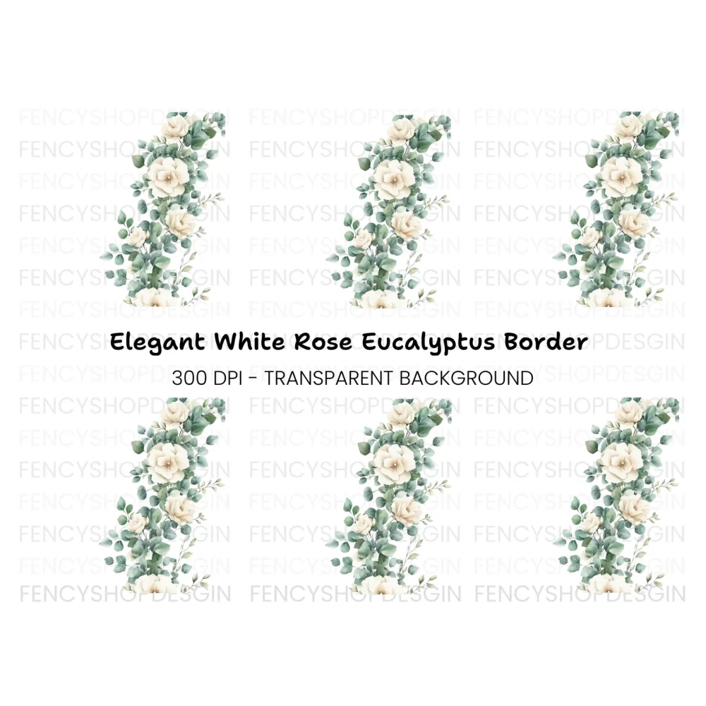 Elegant White Roses Eucalyptus Border Clipart Bundle