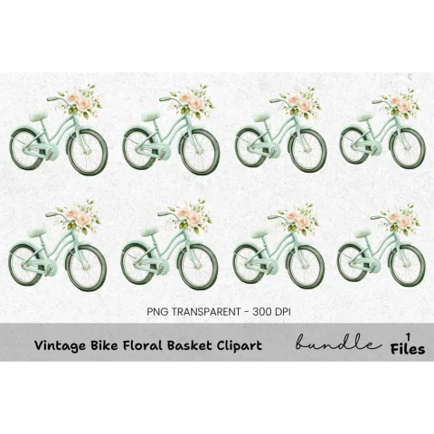 Vintage Bike Floral Basket Clipart Bundle