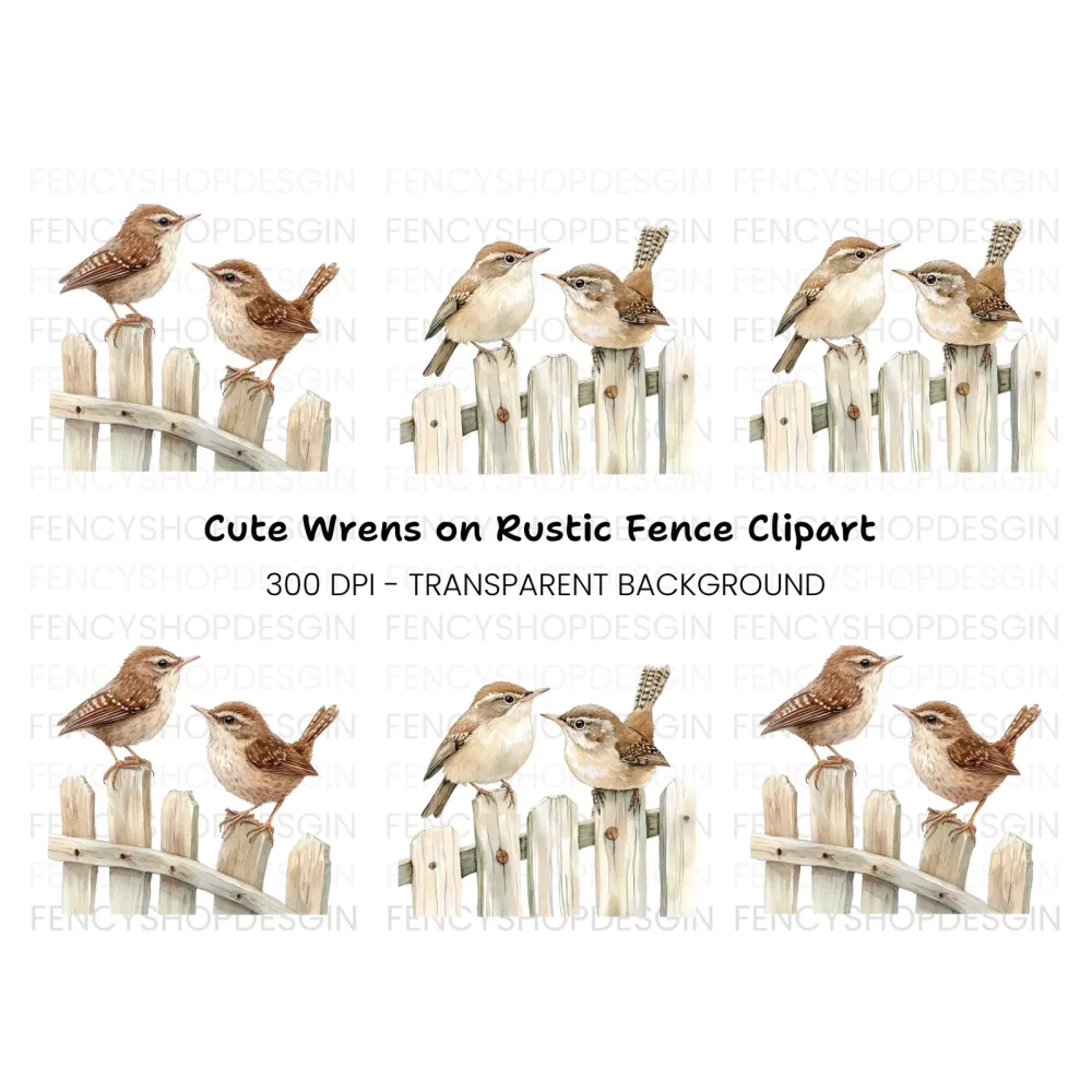 Charming Wren Birds on Fence Clipart Bundle