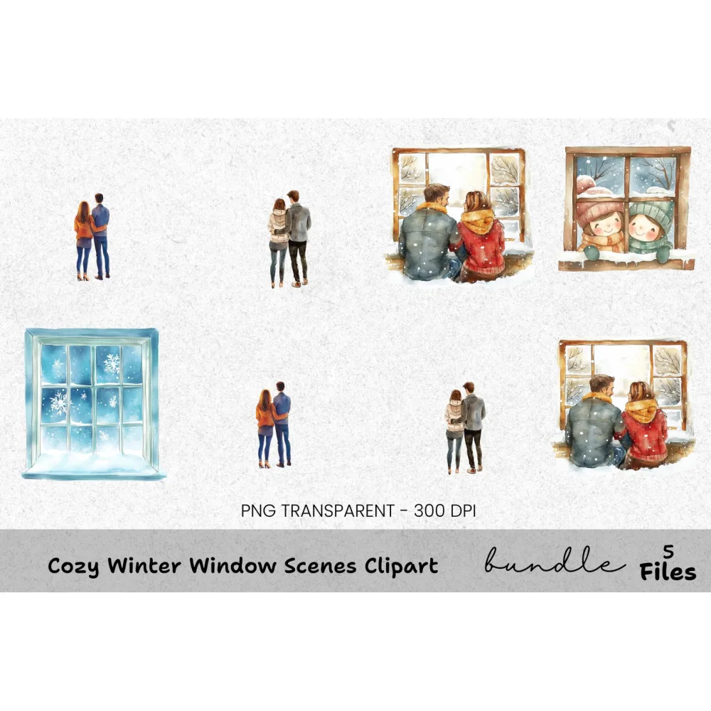 Snowy Window Winter Couple Clipart Bundle