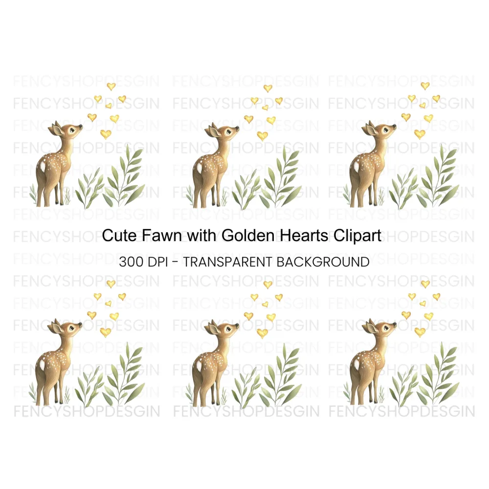 Cute Fawn with Golden Hearts Clipart Bundle