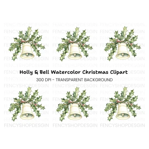White Christmas Bell with Holly Clipart Bundle