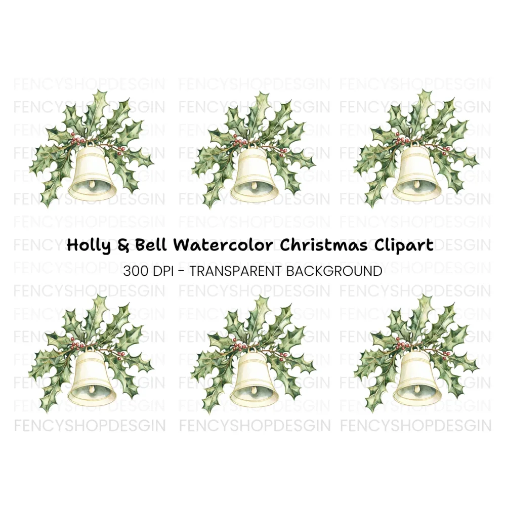 White Christmas Bell with Holly Clipart Bundle