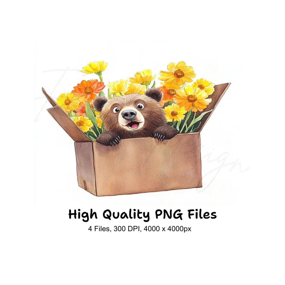 Cute Bear with Marigold Flowers Clipart Bundle