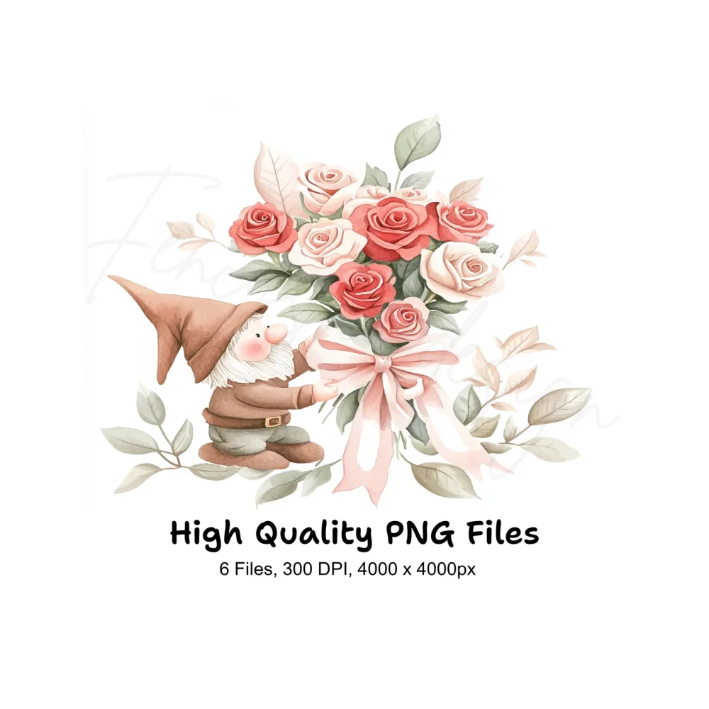 Gnome Holding Rose Bouquet Clipart Bundle