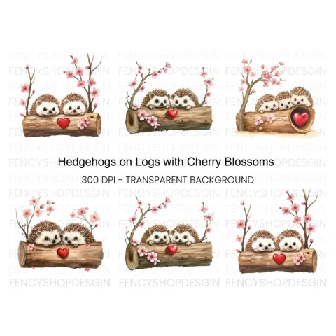 Hedgehogs in Log with Cherry Blossoms Clipart Bundle