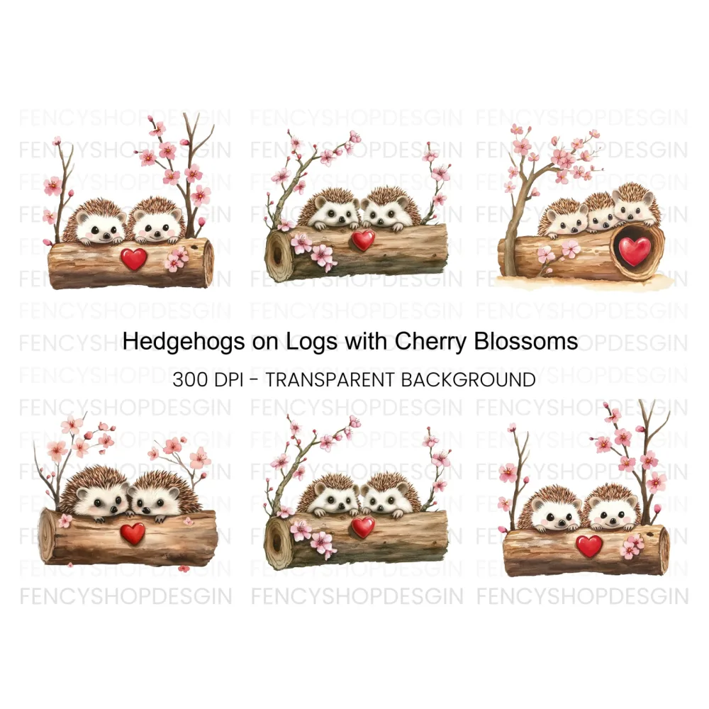 Hedgehogs in Log with Cherry Blossoms Clipart Bundle
