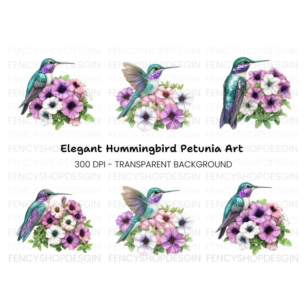 Hummingbirds with Petunia Flowers Clipart Bundle