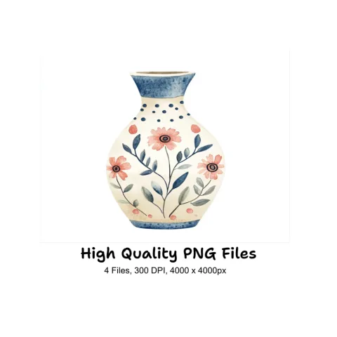 Elegant Blue Pink Floral Vase Clipart Bundle