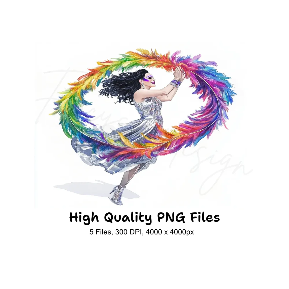 Joyful Woman with Rainbow Feather Boa Clipart Bundle