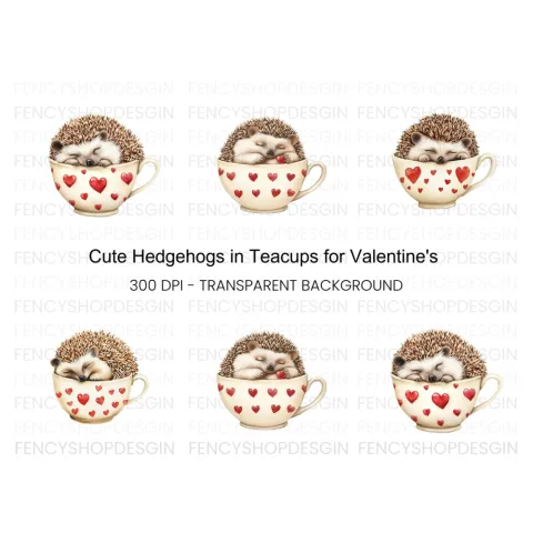 Cute Sleeping Hedgehogs in Heart Cups Clipart Bundle