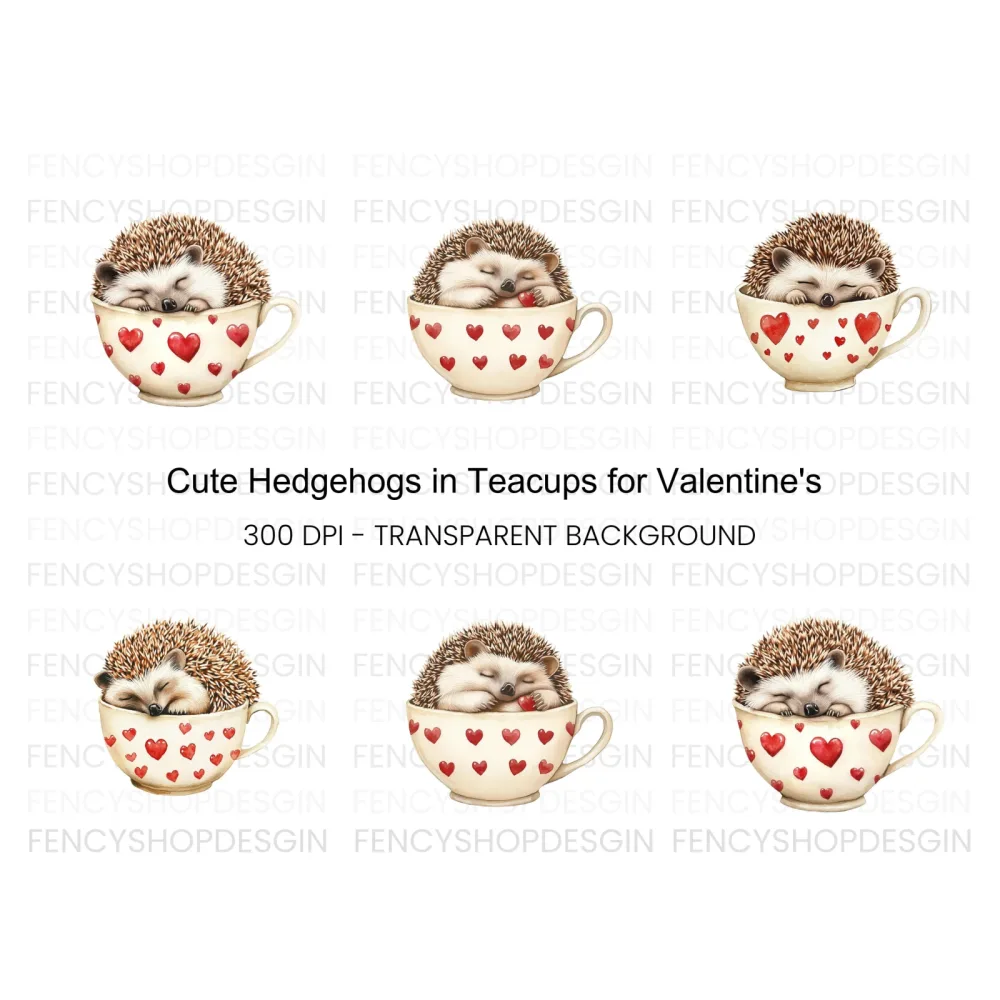 Cute Sleeping Hedgehogs in Heart Cups Clipart Bundle