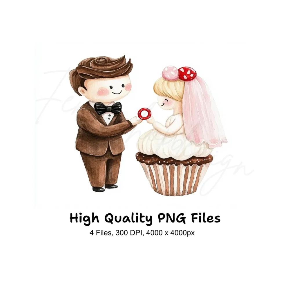 Cute Wedding Couple Cupcake Clipart Bundle