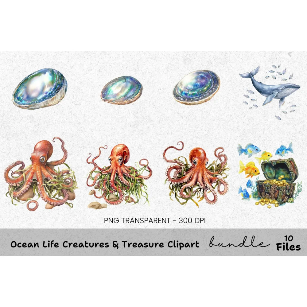 Ocean Life Creatures Treasure Clipart Bundle
