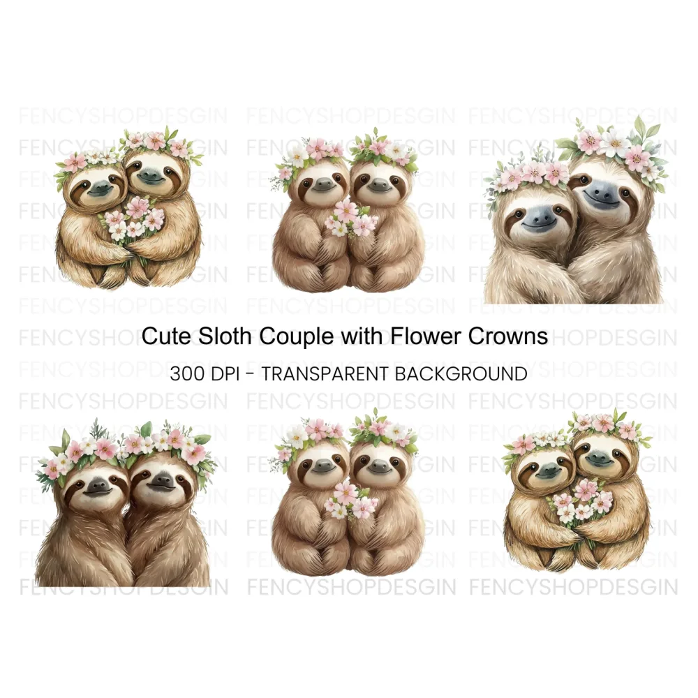 Cute Sloth Couples with Flower Crowns Clipart Bundle