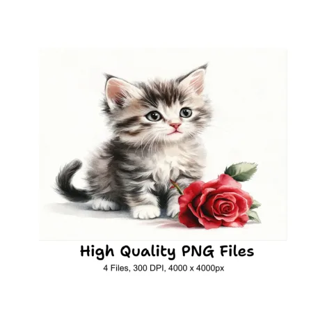 Sweet Kittens with Red Roses Clipart Bundle