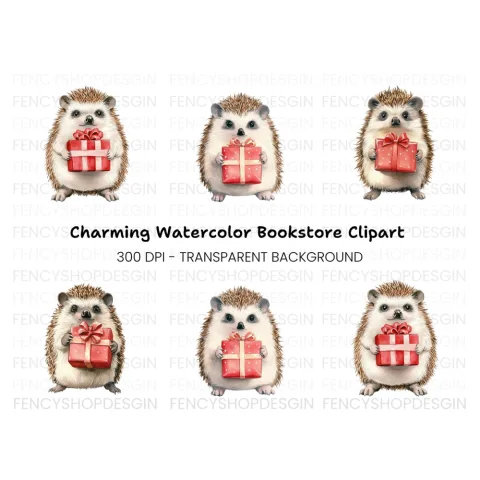 Cute Hedgehog with Red Gift Box Clipart Bundle